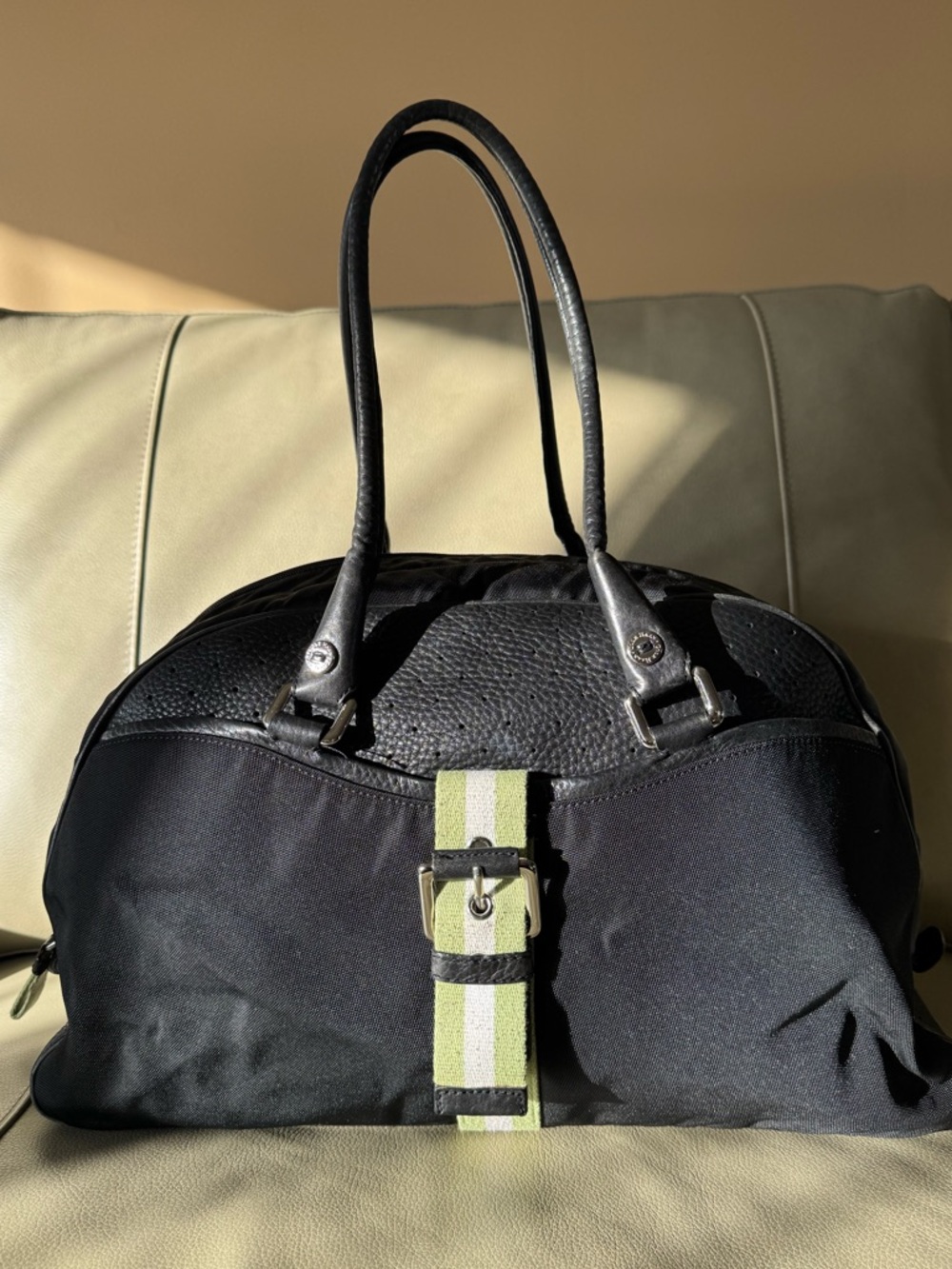 Cole Haan Vintage Black Leather and Nylon Duffle Bag with Green Stripe Accent